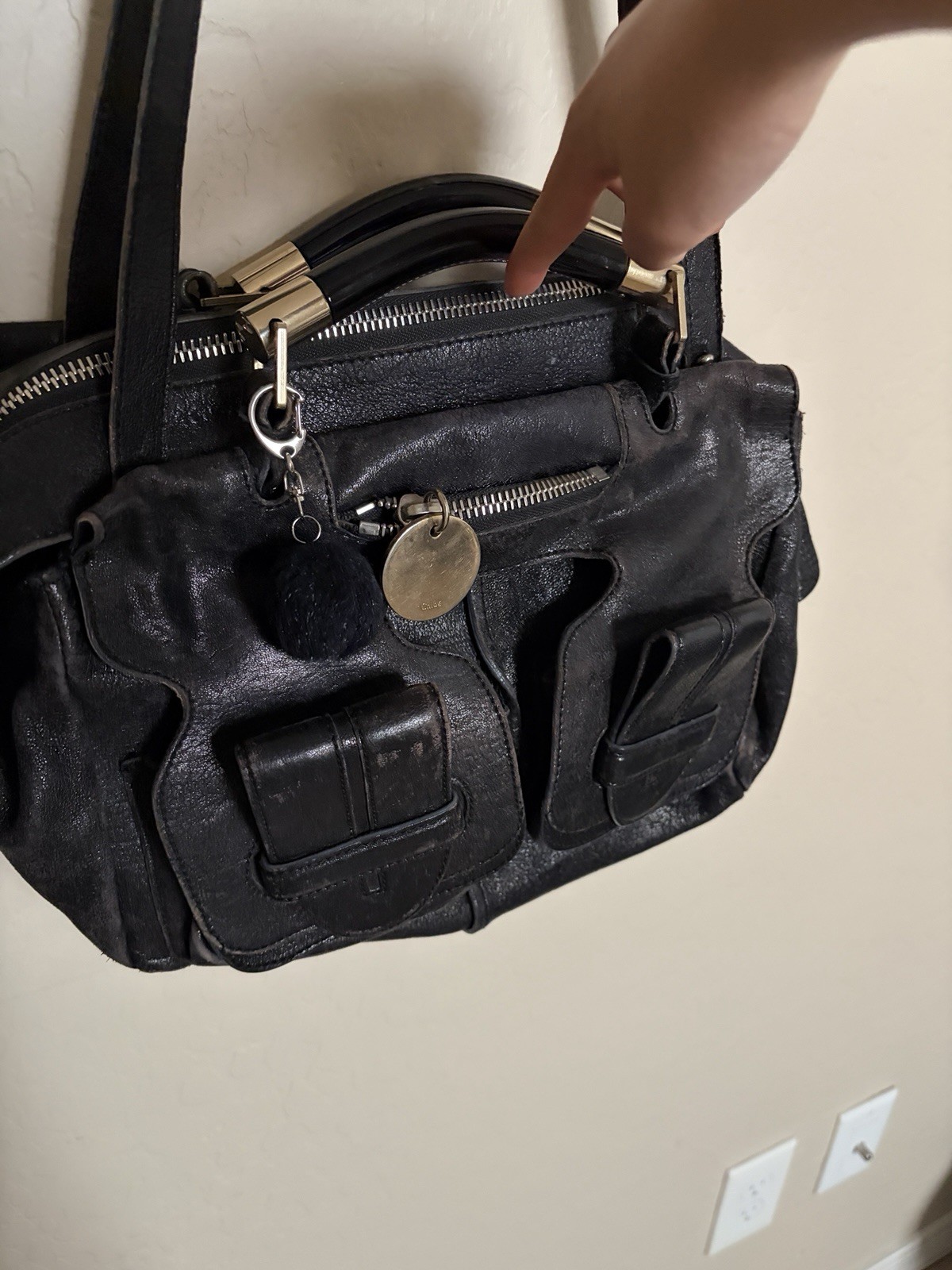 Vintage Chloe Saskia Black Leather Satcher Shoulder Bag acrylic handles 2 way