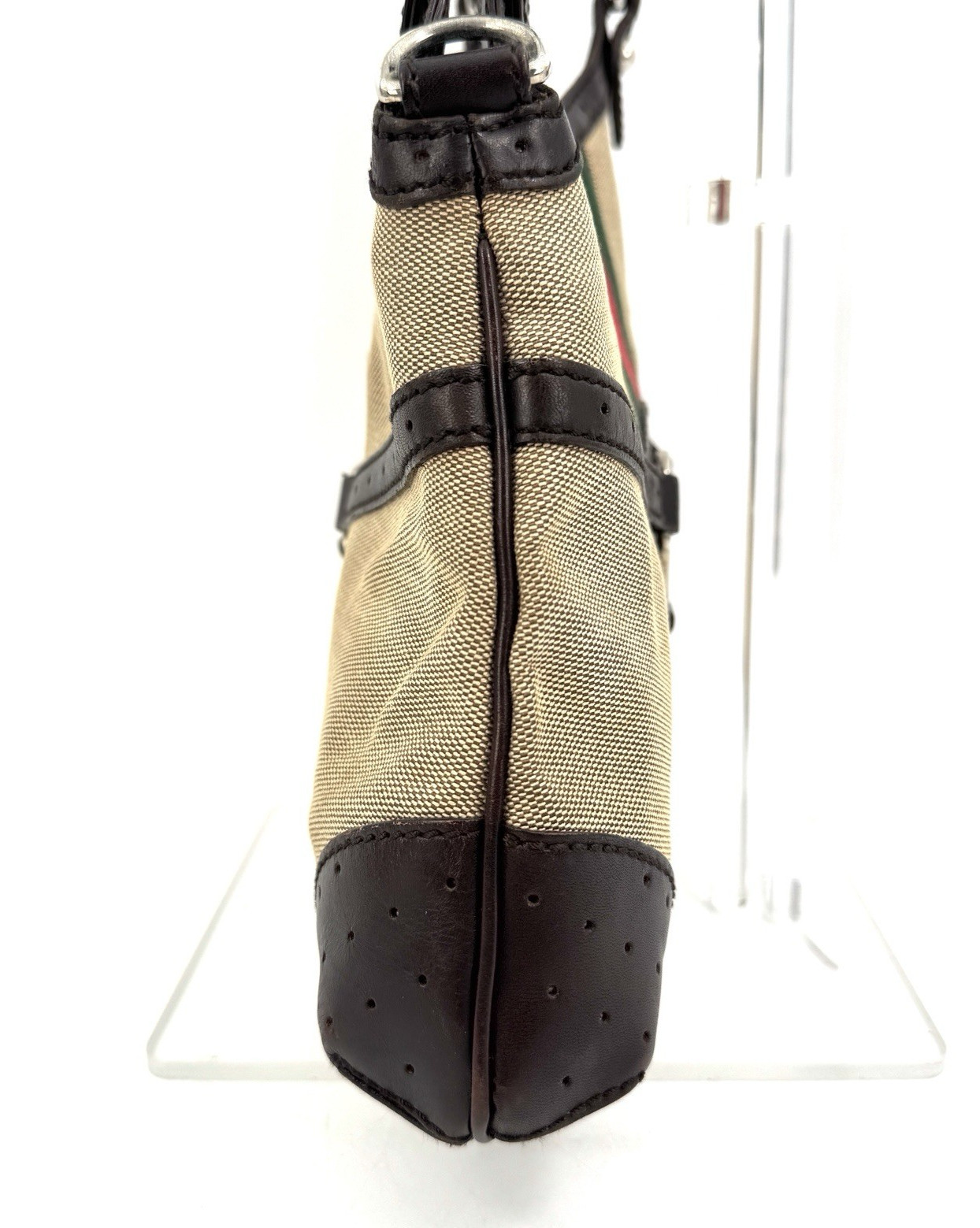GUCCI GG Hardware Shoulder Bag Sherry Line Beige Canvas Leather Purae Authentic