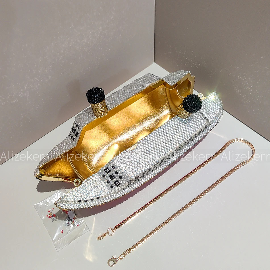 Steamship Shape Rhinestone Evening Bag Women Gorgeous Diamond Metallic Clutch Pu