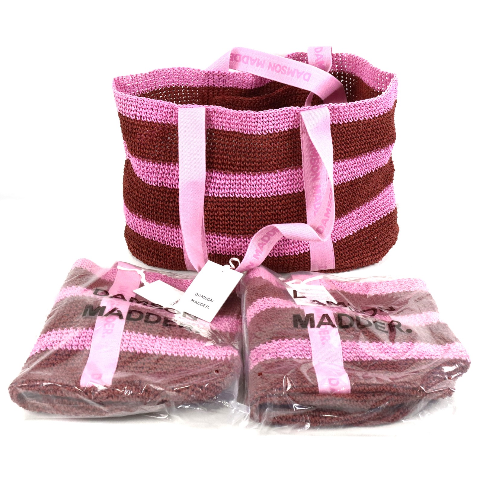 Damson Madder Stripe Raffia Tote Bag In Pink And Red Women’s One Size Lot of 3