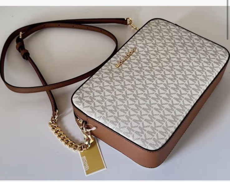 Michael Kors Jet Set Item Large East West Crossbody Bag Vanilla MK Logo Leather