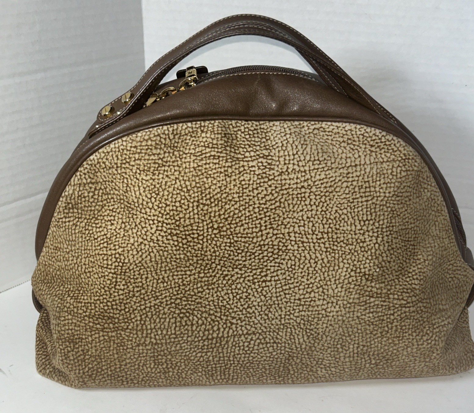 Borbonese Redwall Brown Tan Suede Leather Double Top Handle Bag Made In Italy