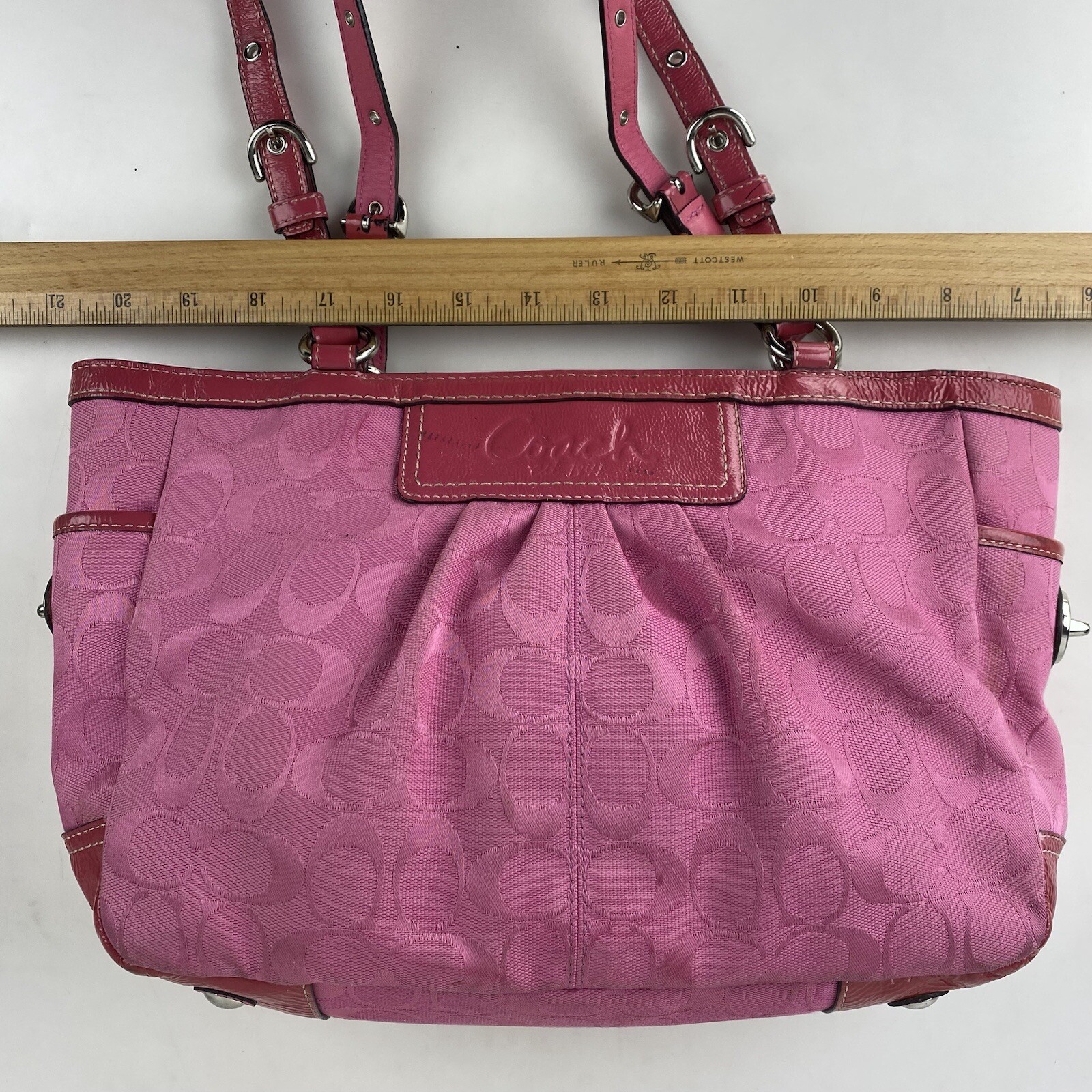 PINK COACH PURSE Hot Pink Signature C Logo Fabric Leather Handles Vintage