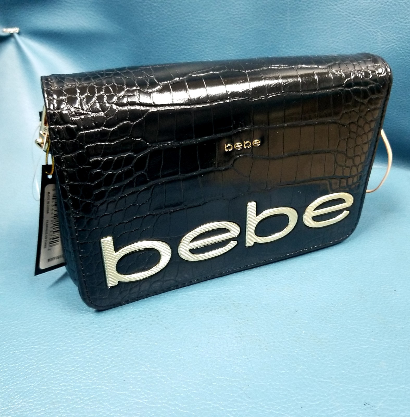 bebe Fabiola Black Croc Embossed Crossbody Chain Bag