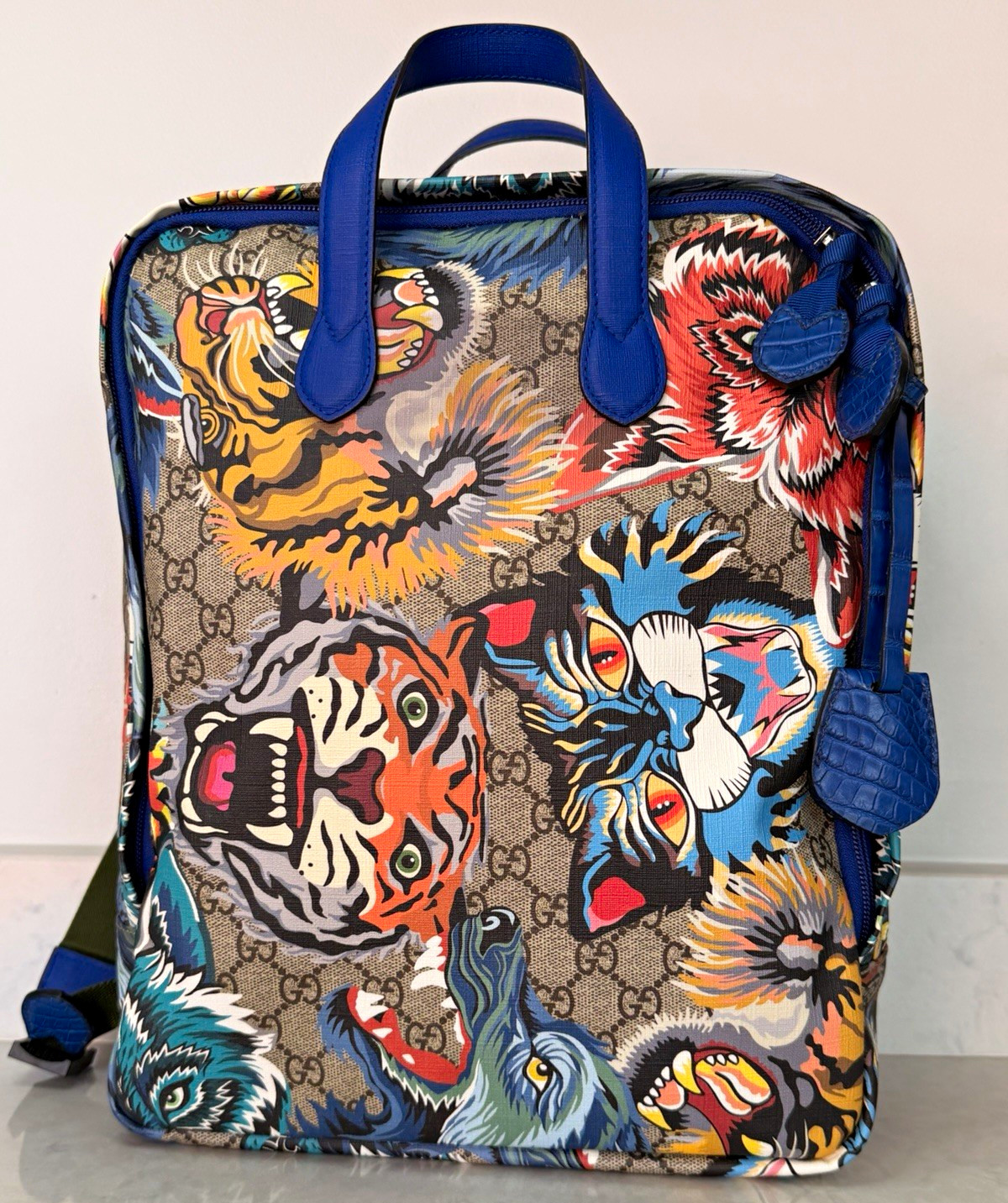 Gucci GG Monogram Tian Tiger Print Backpack Zip Top Handle Silver Hardware