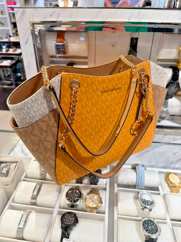 Michael Kors Large Color Block Logo Chain Tote Bag Honeywheat Women MK Handbag