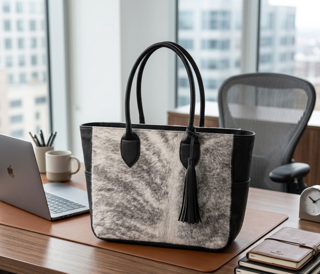 Genuine Cowhide Hair on Grey White Tote Bag Western Hobo Leather Satchel Purse