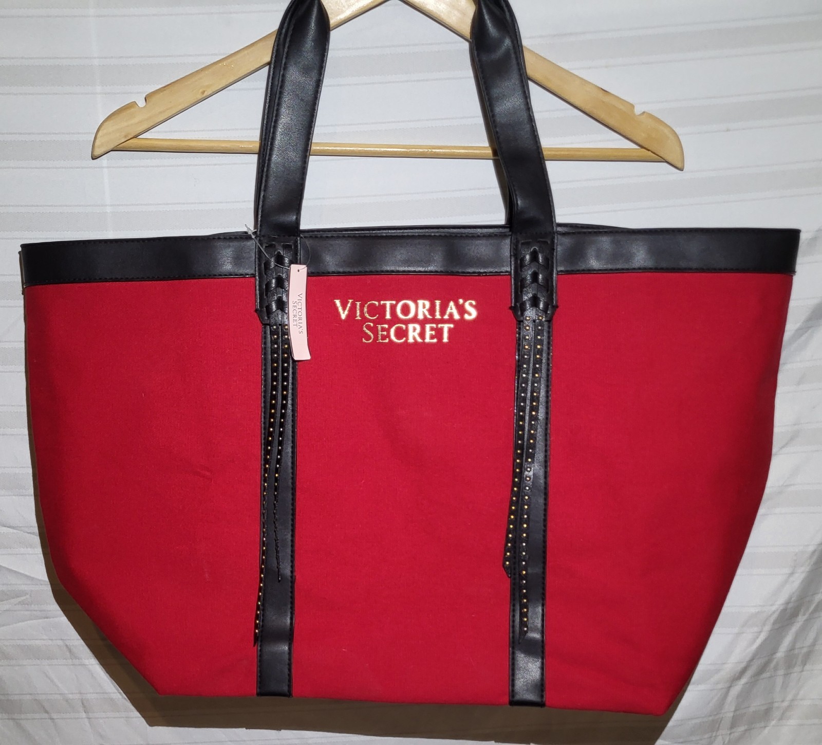NWT Victoria’s Secret Red and Black Leather Tote with Studded Fringe