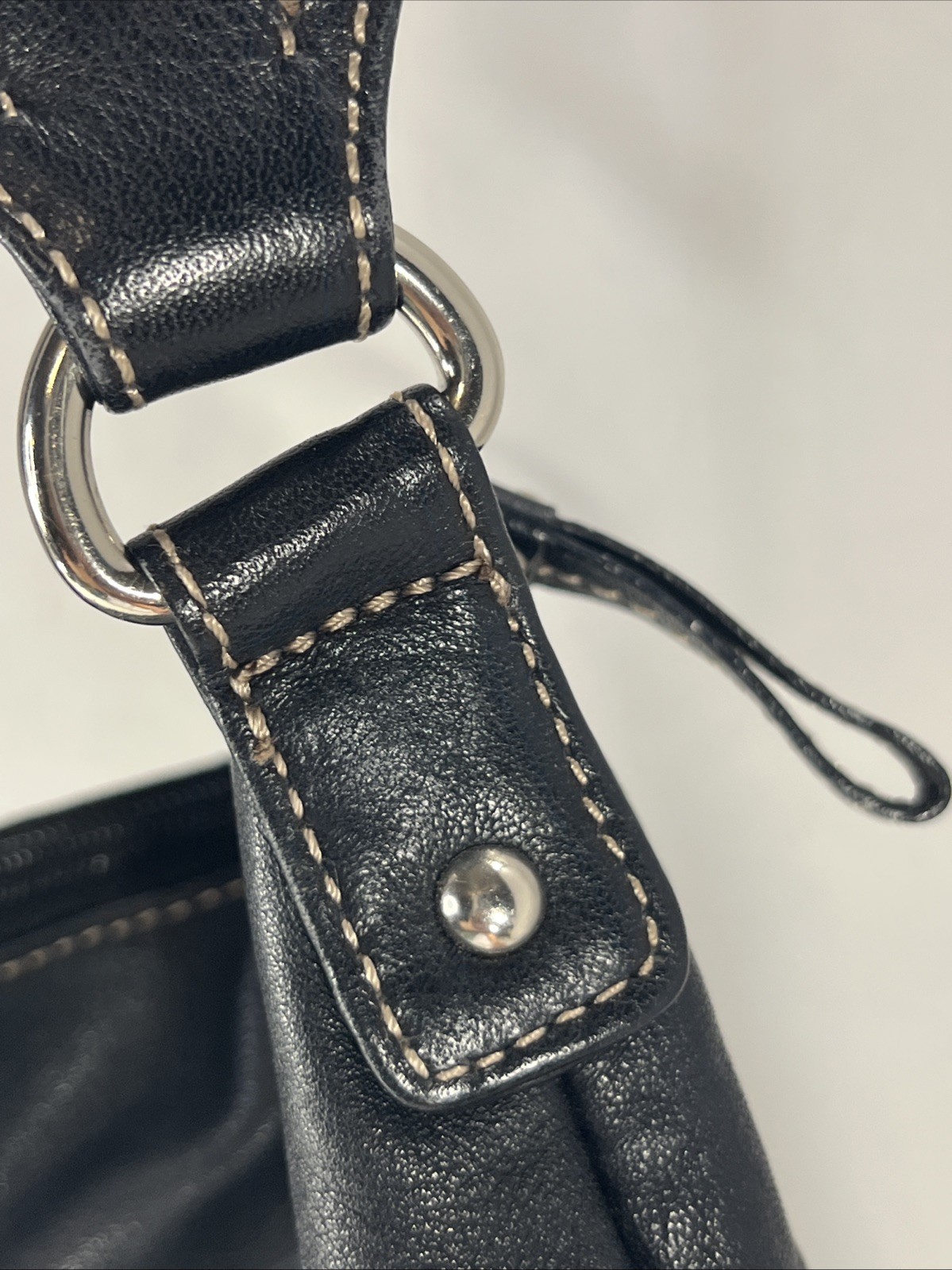 Vintage Stone Mountain Hobo Shoulder Bag Black Leather Exterior Pockets 12×12 In