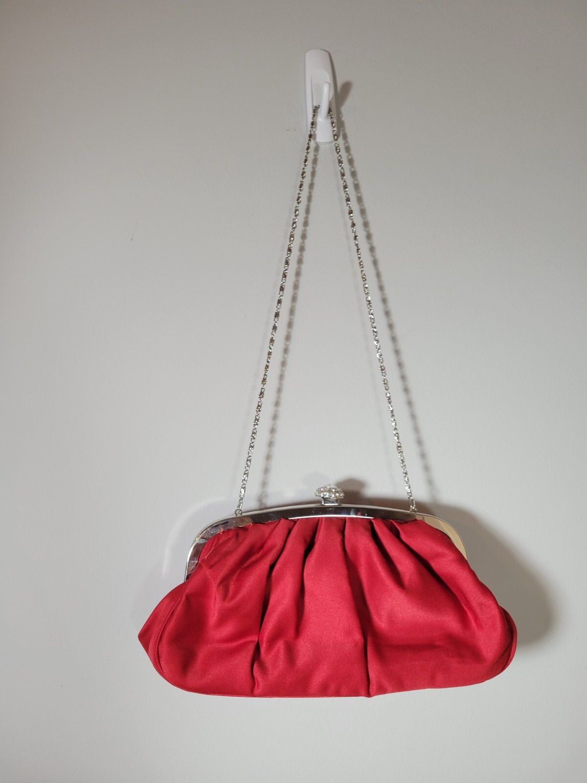 Lulu Townsend Red Clutch w/ Rhinestone Clasp & Chaine strap Purse Night Bag