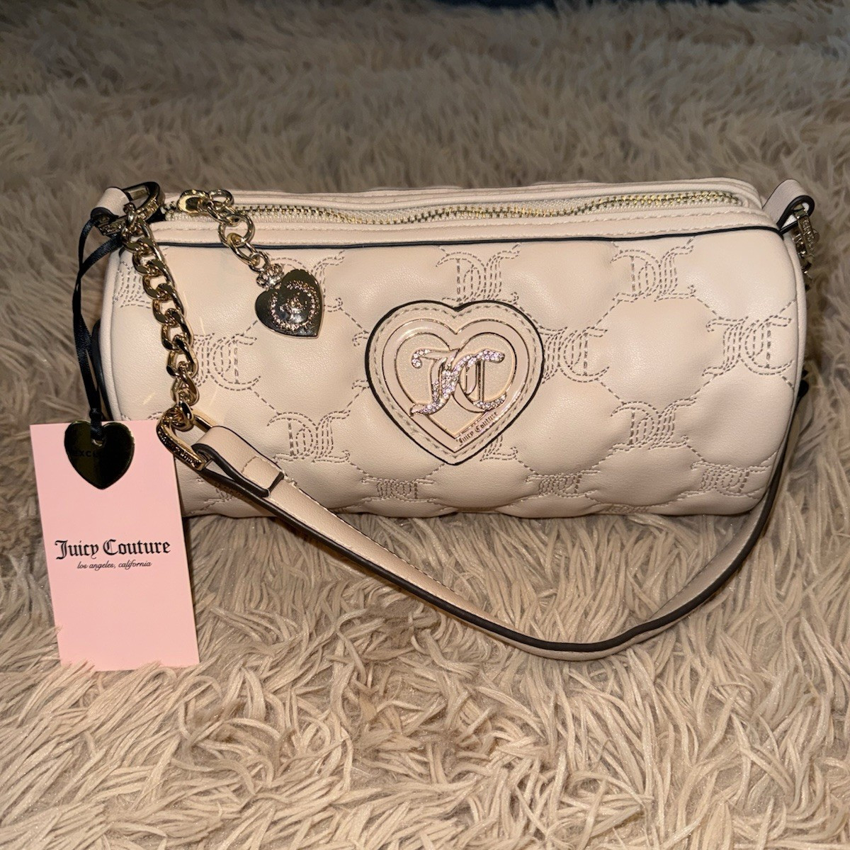 Juicy Couture Ivory Quilted Logo Shoulder Bag Zip Gold Chain Heart Charm Small