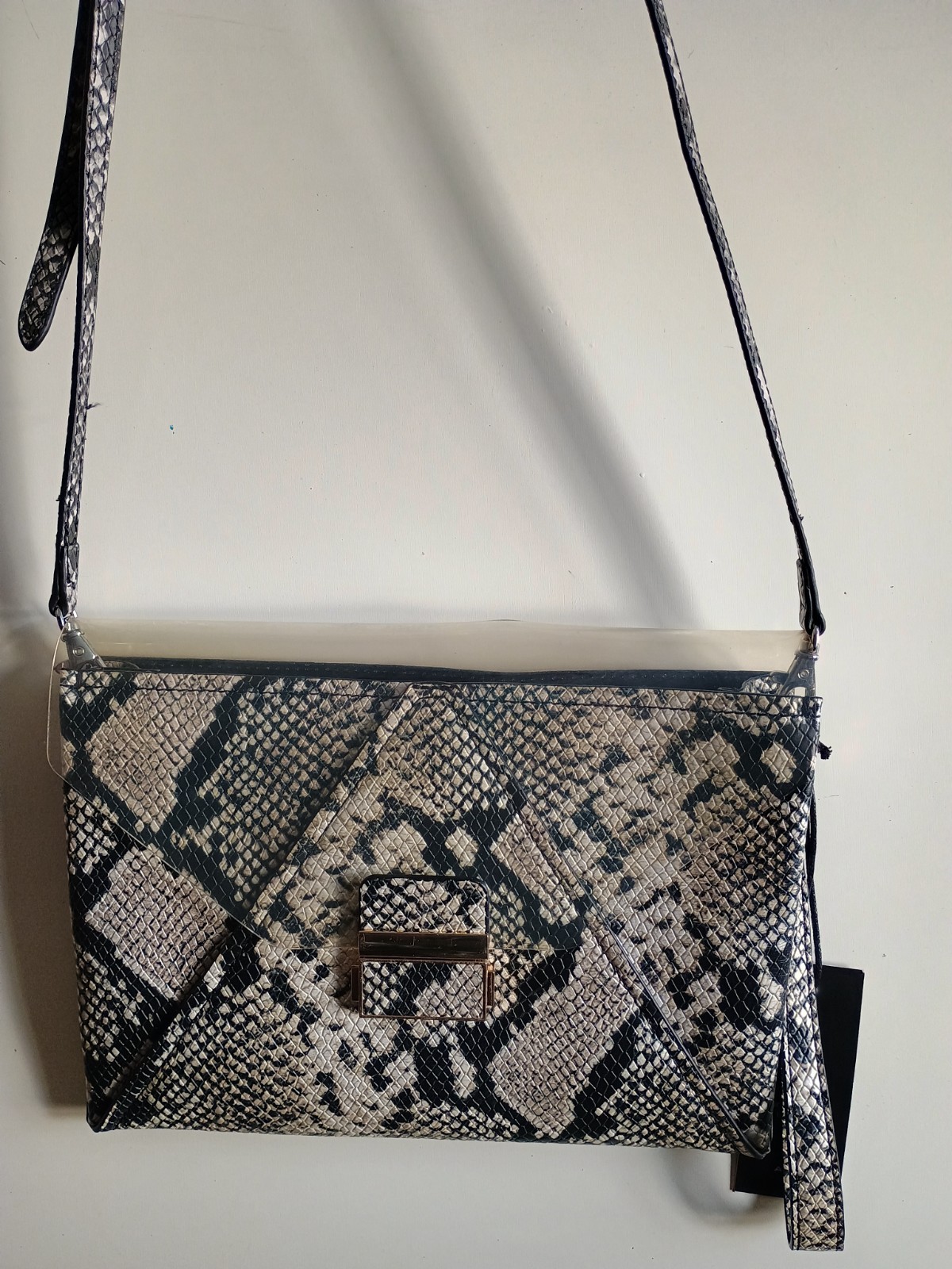 Aldo Cross Body Bag Chic Metal Clear Front Flap Snakeskin Print Black and White