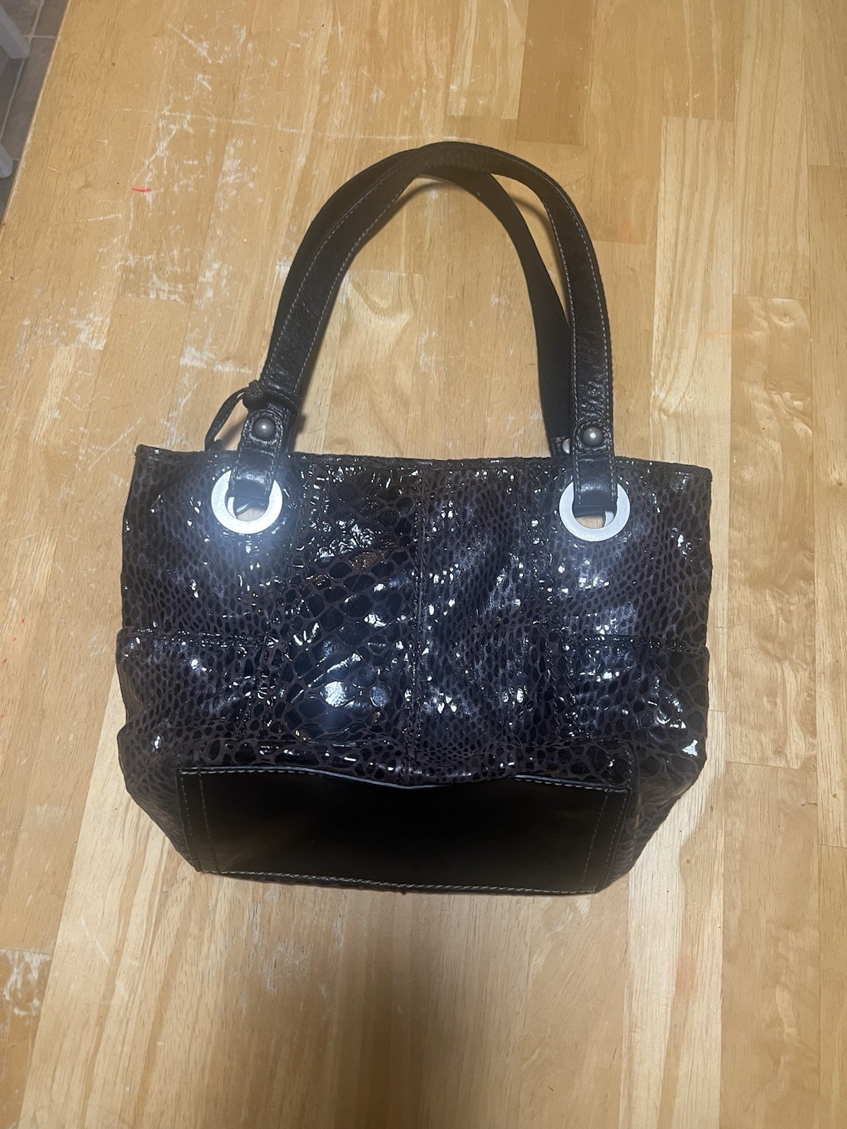 Fossil Hathaway tote Y2K bag, brown, shiny snakeskin print leather,BohoChic