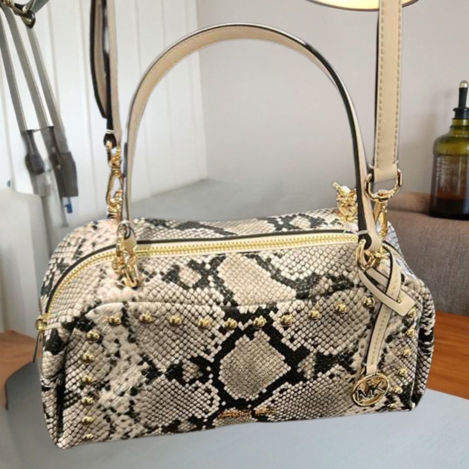 Michael Kors Lady Cecily Small Studded Snake Embossed Shoulder Bag Light Cream