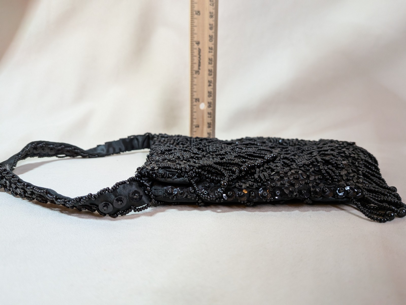 Small Black Purse Beaded Sequins Fringe Trim Flapper Hong Kong Evening Bag Prom