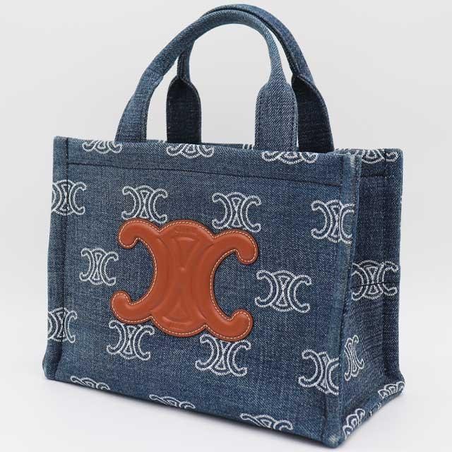 CELINE Bag: Small Cabas Thais Denim Blue Brown W26H19D13cm w/dust bag strap;