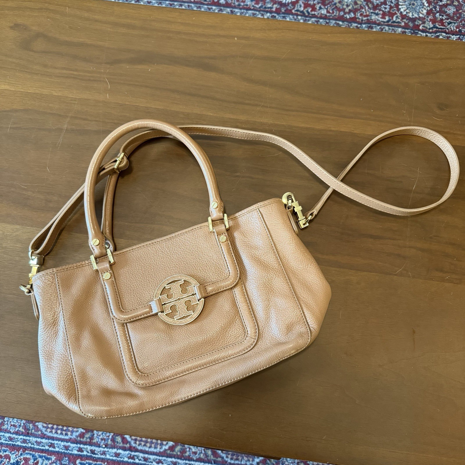 Tory Burch Tan Amanda Top Handle Satchel Purse Handbag Pebbled Leather