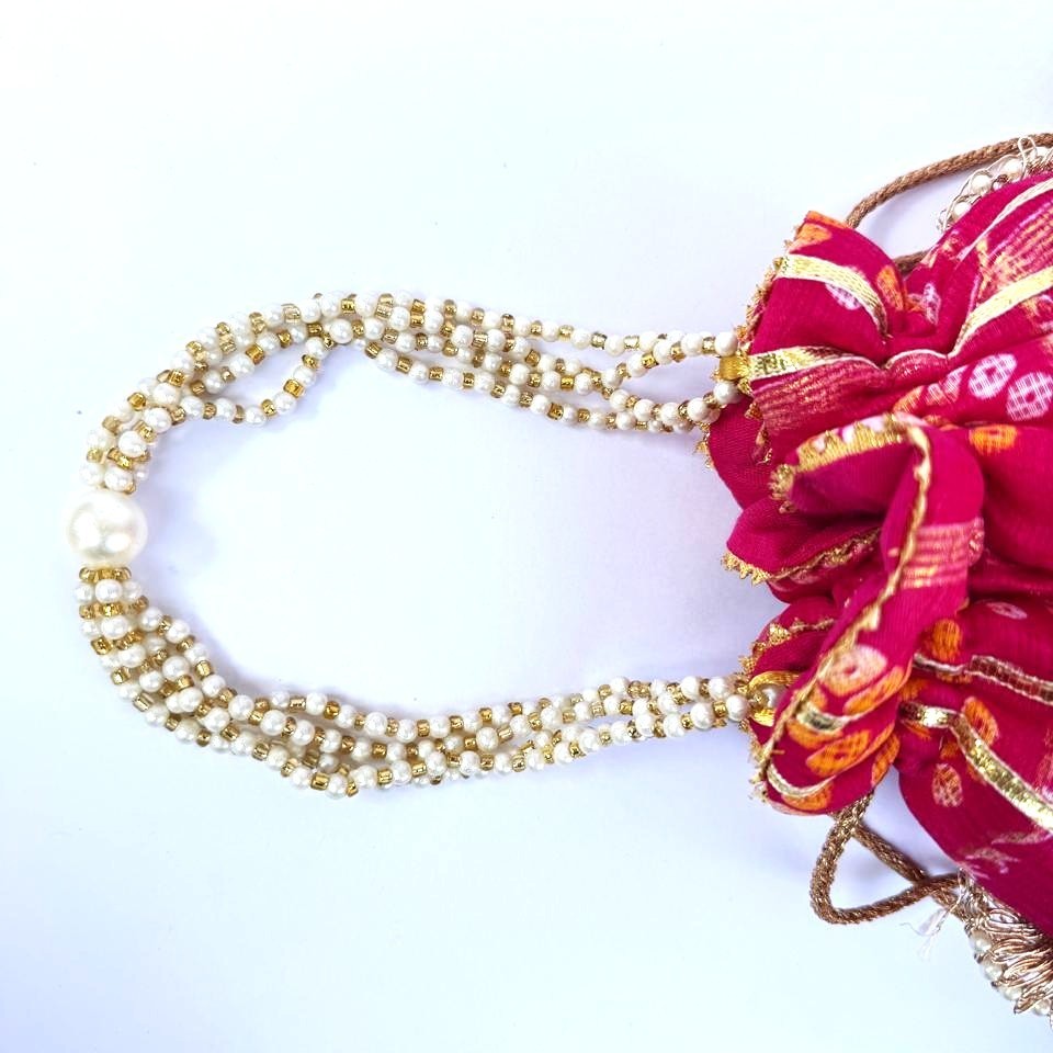 Indian Bhandej Gotta Handwork Flower with Pearl Lace and Handle Party Potli Bag