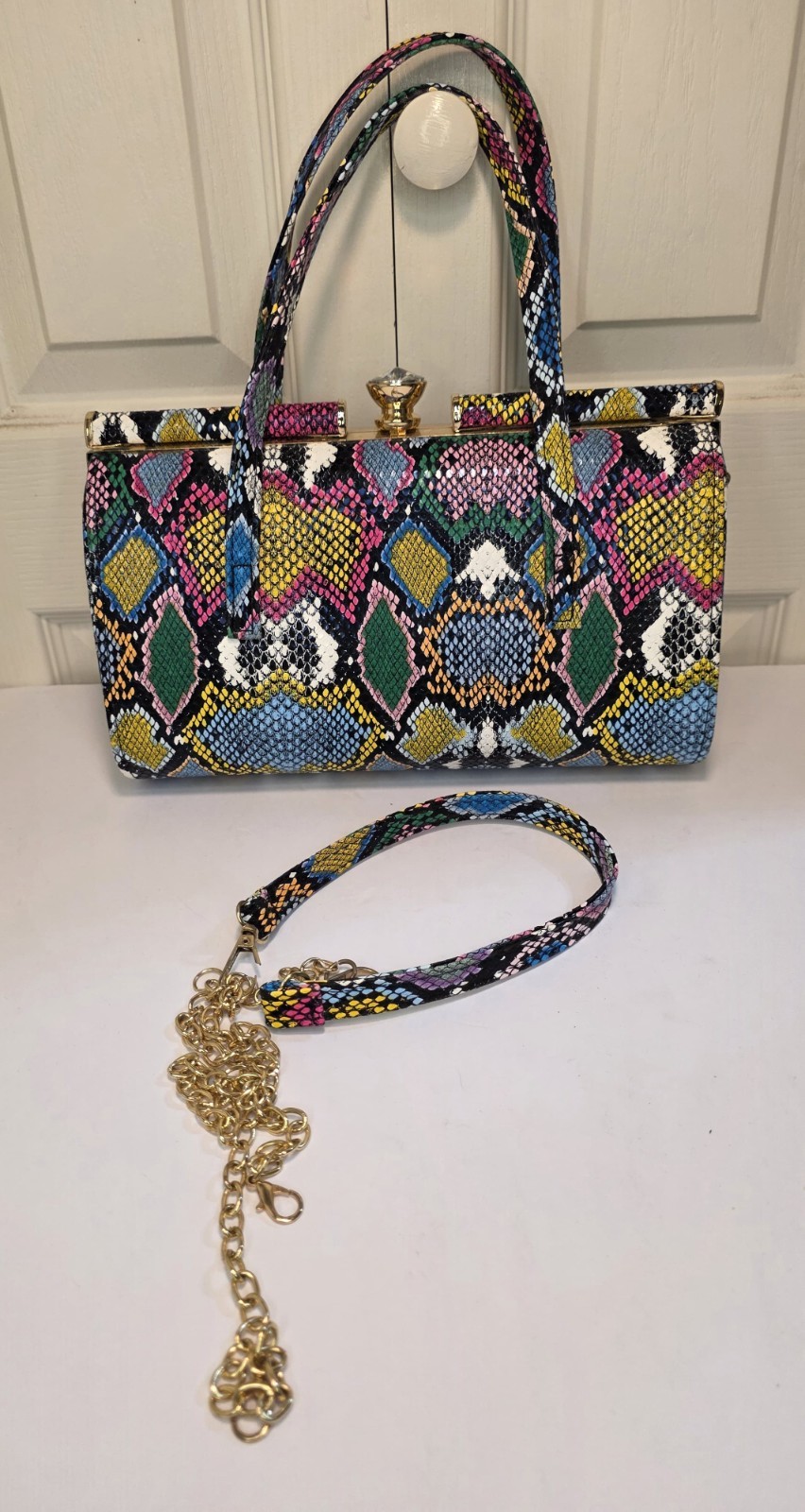 Women’s Fashionable Snakeskin Effect Double Straps Handbag with Shoulder Strap