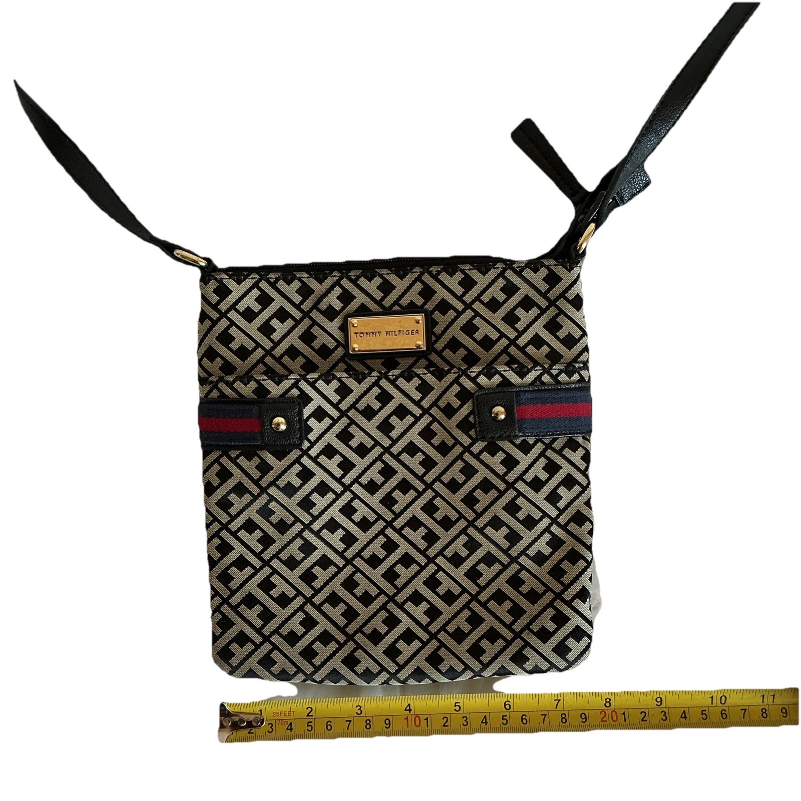 Tommy Hilfiger Black Beige Monogram Logo Crossbody Bag Zip, Detachable Strap