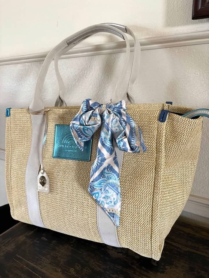 Kurt Geiger London Southbank Large Raffia Scarf Shopper Tote Bag Beige-NWT