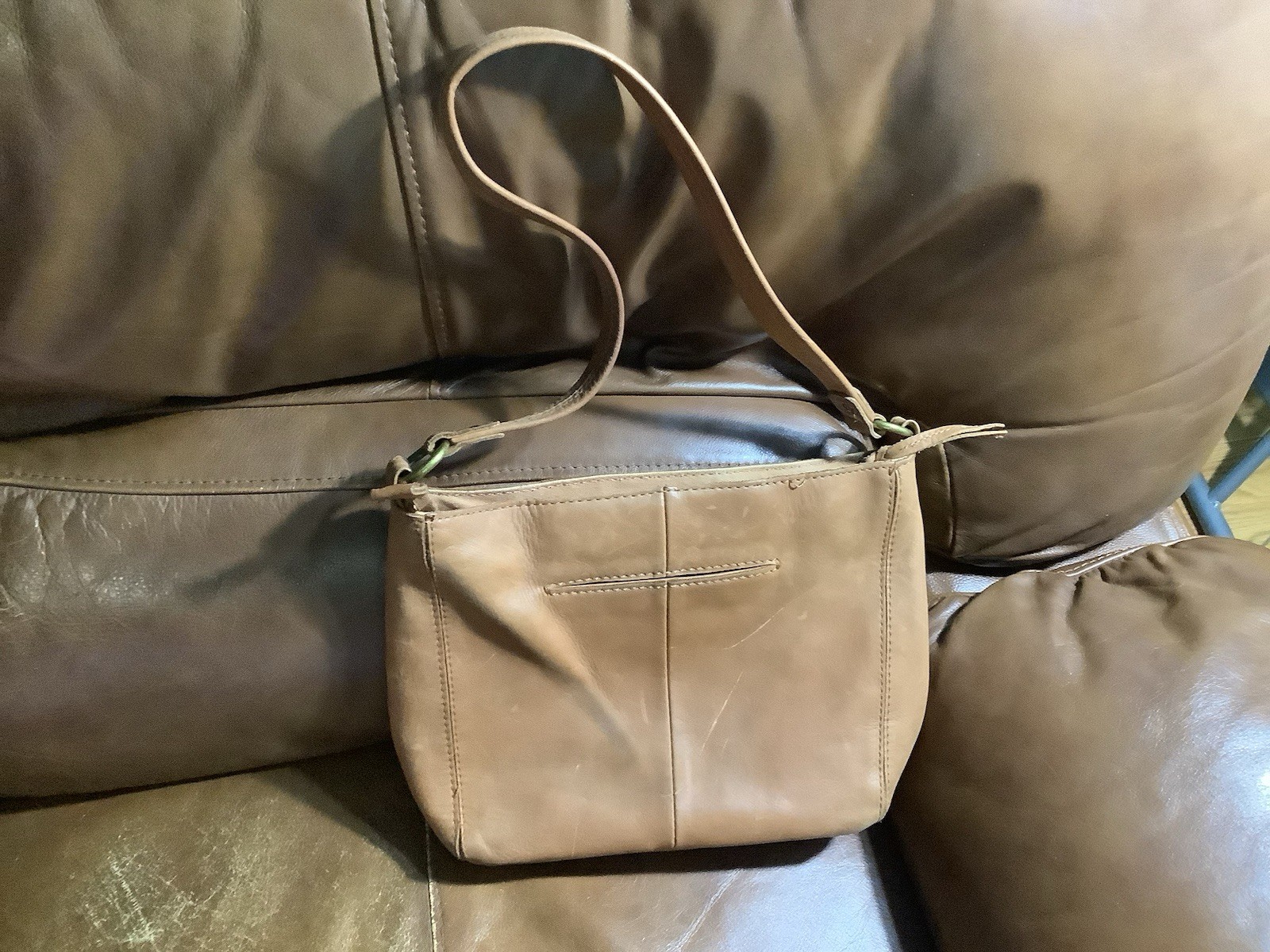 The Sak Brown Leather Handbag Embossed On The Frt. Approx 12×8” 12” Drop