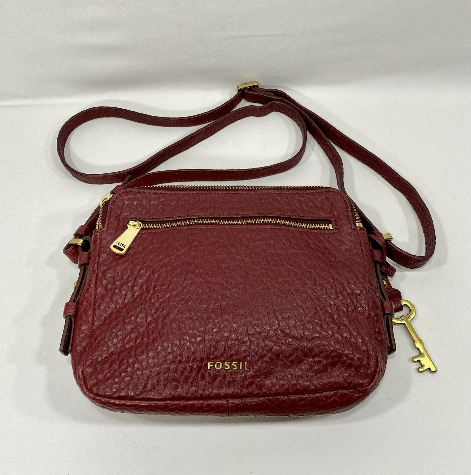 Fossil Piper Toaster Crossbody Burgundy Wine Pebbled Leather Bag Purse Medium