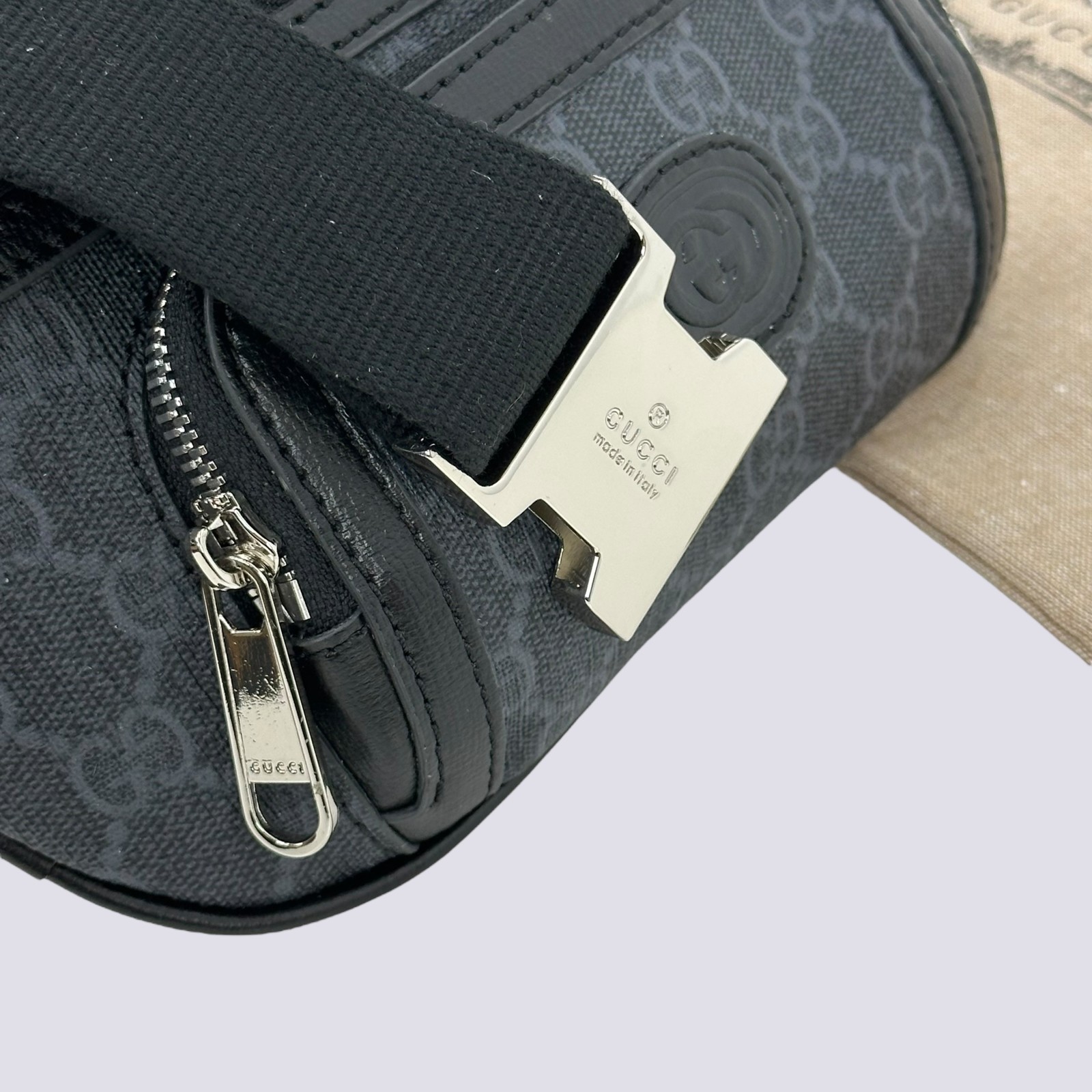 Gucci GG Monogram Interlocking G Canvas Leather Crossbody Belt Bag Black 682933