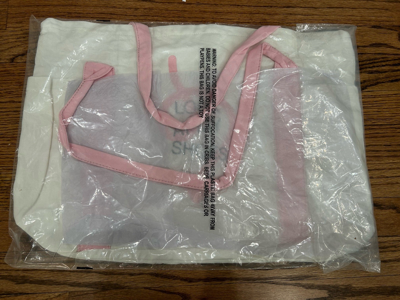 DSW Canvas Tote Bag Ivory/Pink Durable Zipper ” Look At My Shoes” New