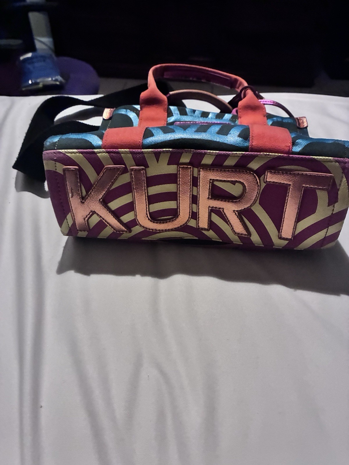 Kurt Geiger Multicolor Geometric Satchel Zip Top Handle Strap Gold Logo Charm