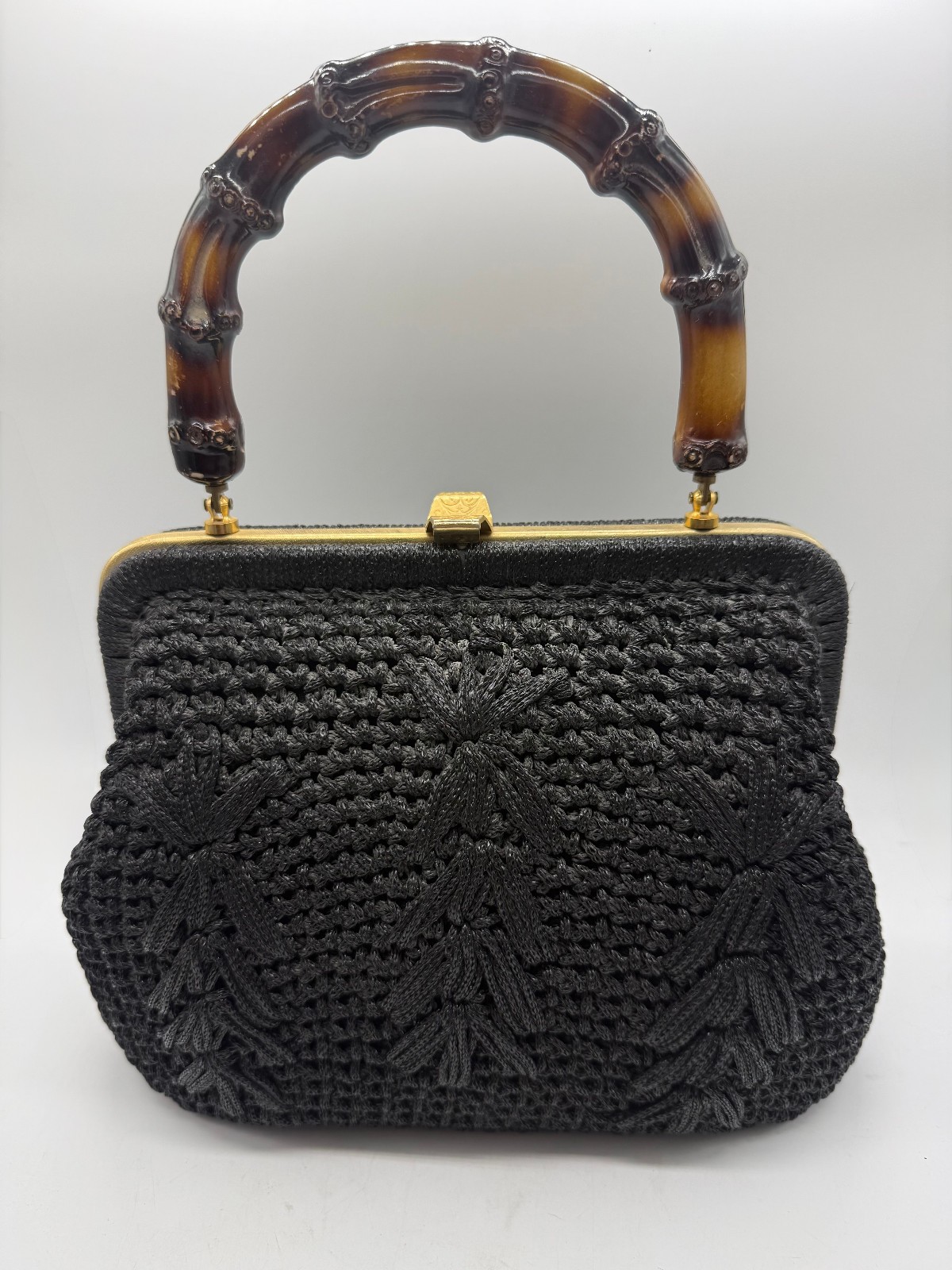 Black Wicker Handbag with Bamboo Handle Gold Hardware Vintage Style Box Purse