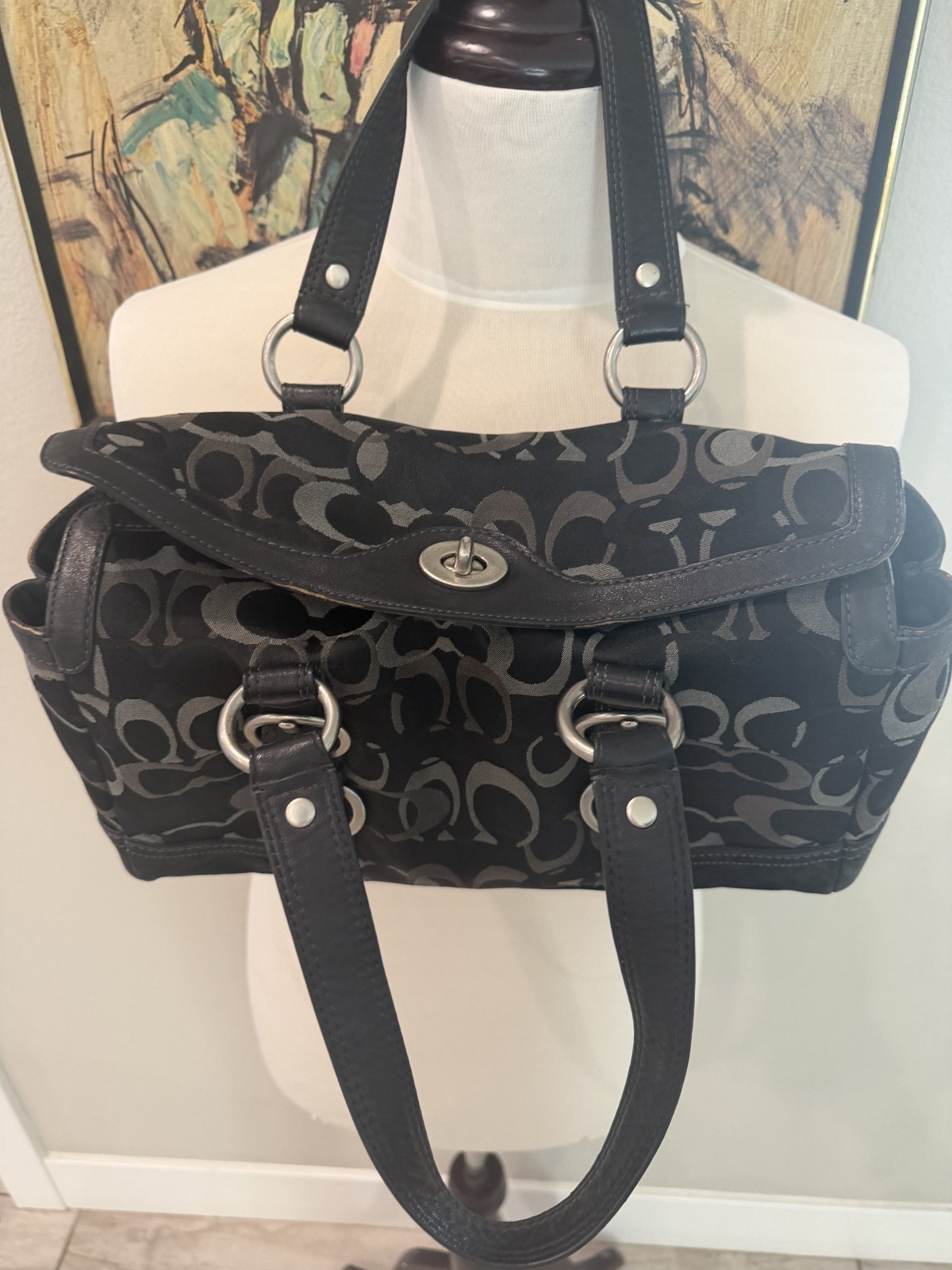 VTG Coach Chelsea 10145 Optic Signature Jacquard Satchel Black Gray O-Ring Bag