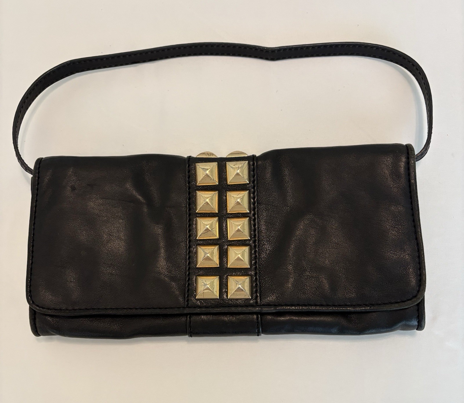 Michael Kors Calista Studded Leather Clutch Shoulder Bag Black Gold