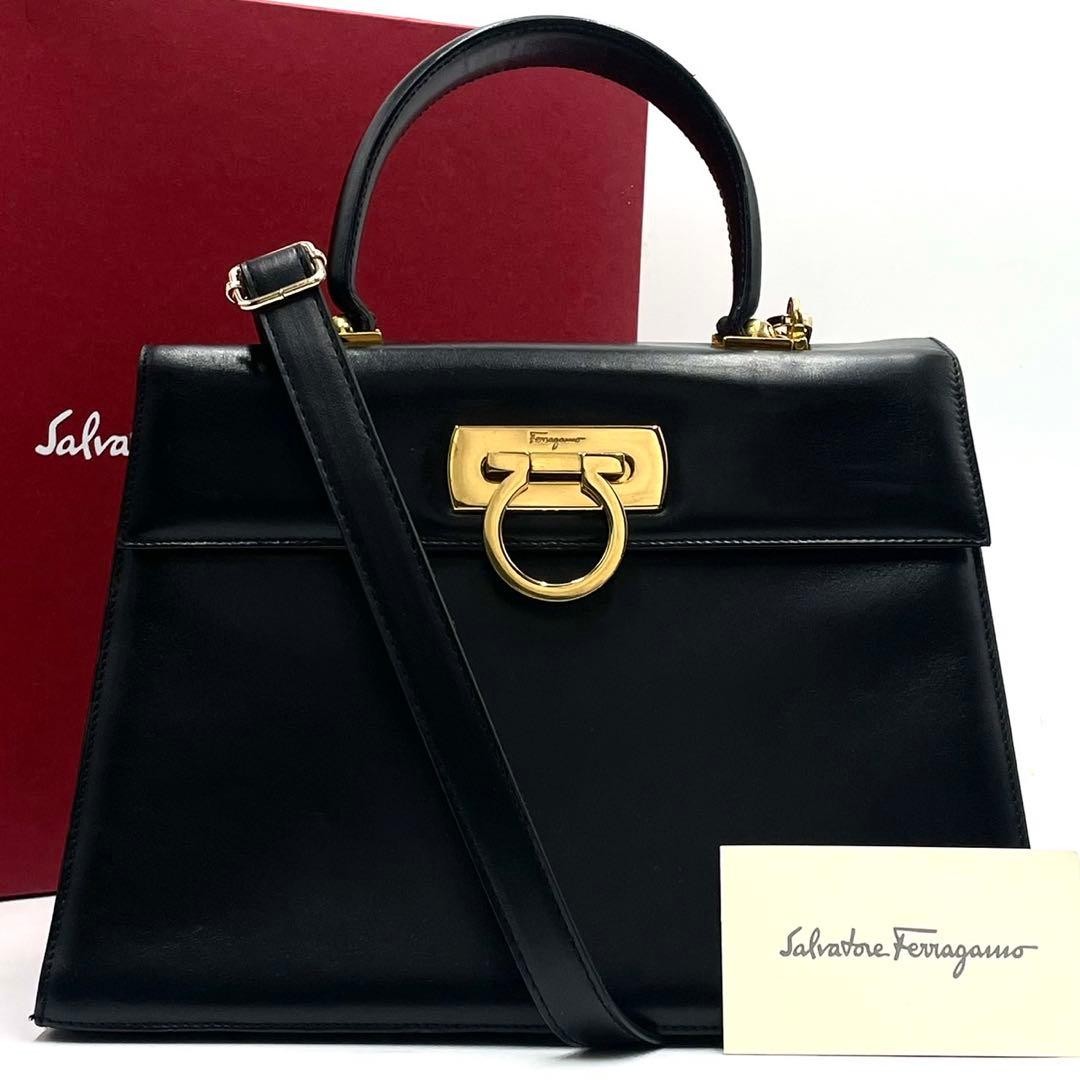 Salvatore Ferragamo Gancini 2way Handbag/Shoulder Bag, Black Leather Women’s,