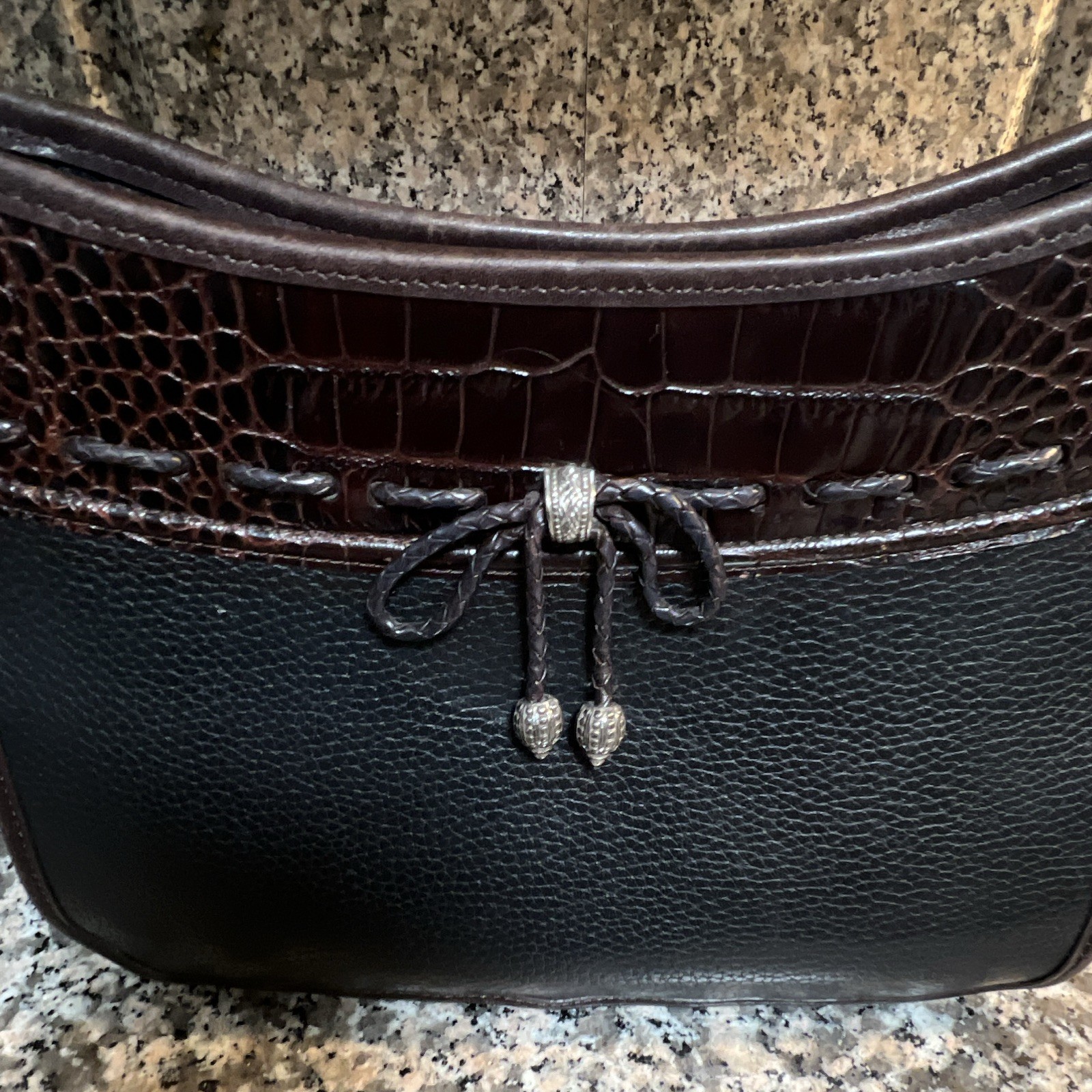 Longaberger Black/Brown Pebbled Zip Shoulder Bag Silver Hardware Heart Charm Sm