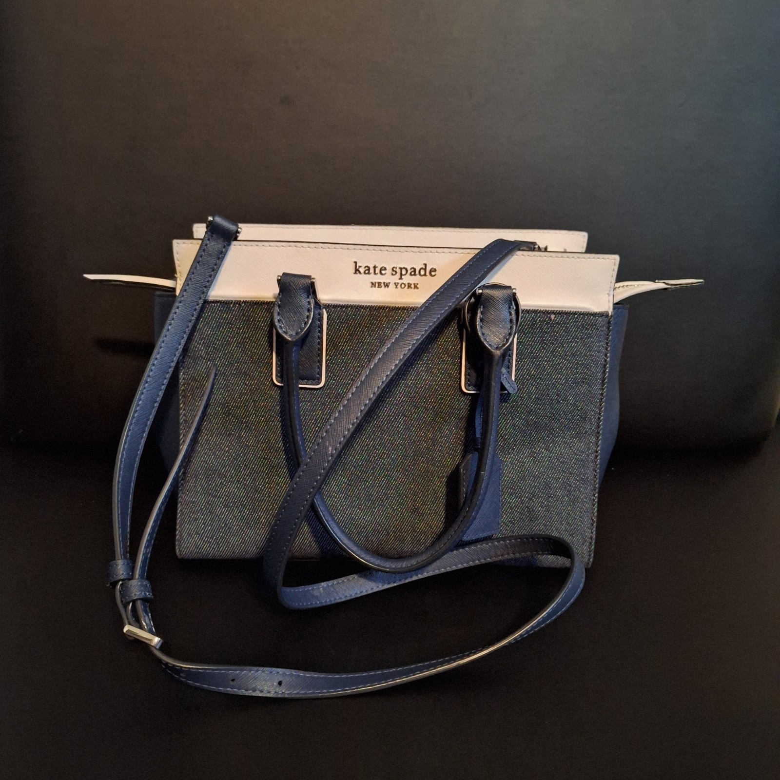 Kate Spade Cameron Denim Colorblock Medium Satchel Bag Navy White WKRU6757