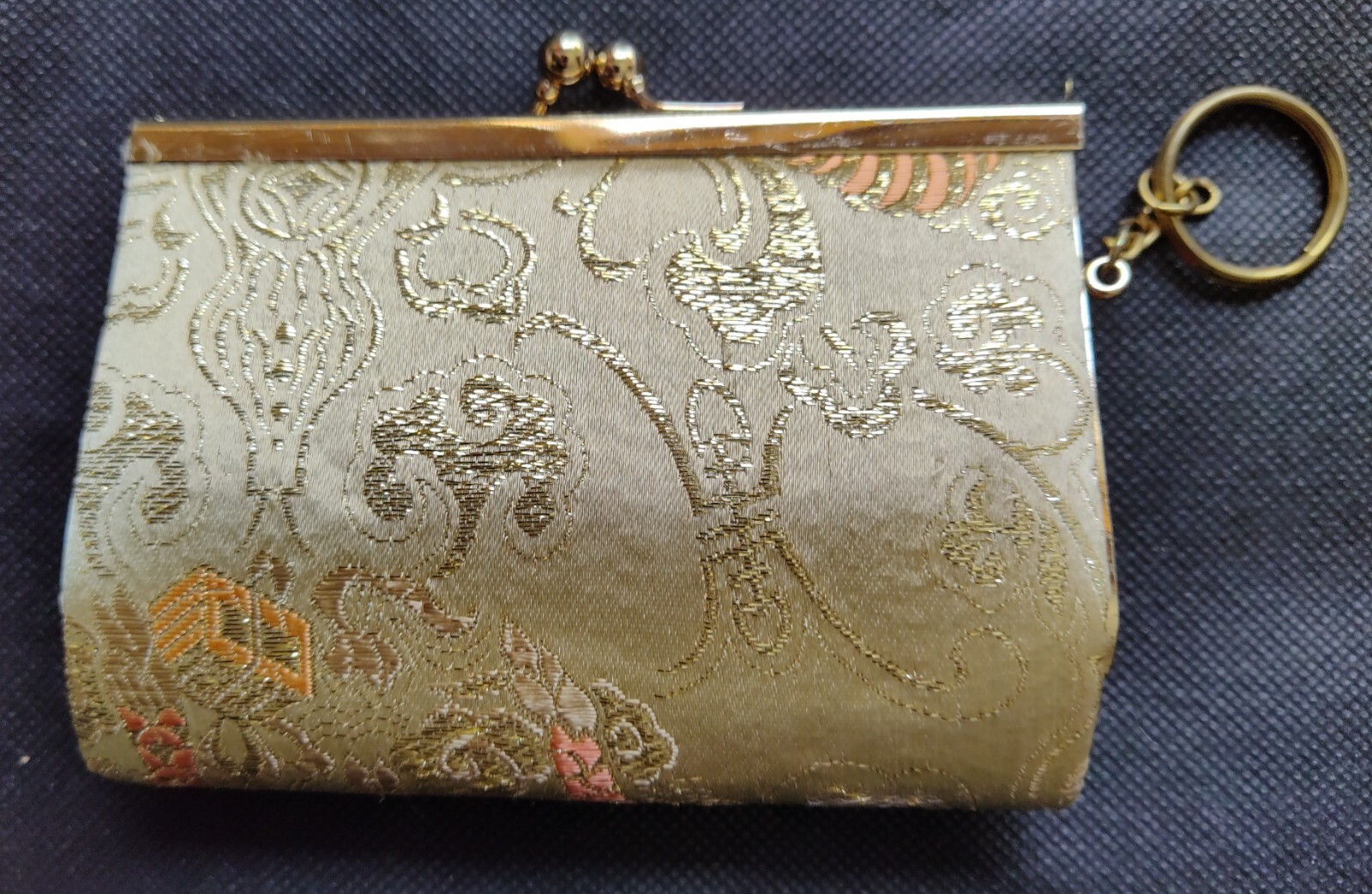 1980s Chinese Silk Coin/Change Purse – Gold Embroidered with Key Chain – New