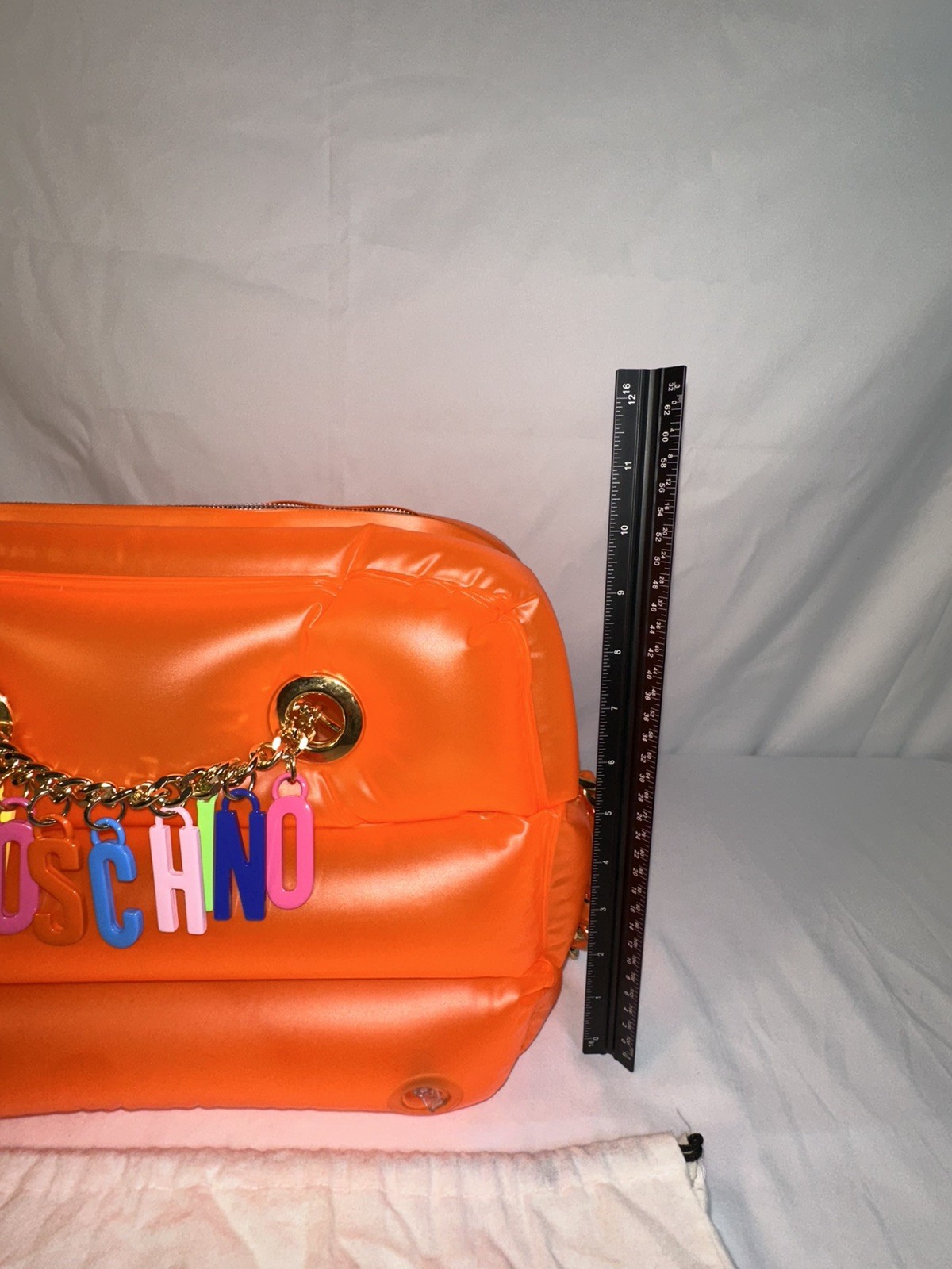 SS23 Moschino Couture Orange Inflatable Crossbody Bag with Logo Charm & Chains