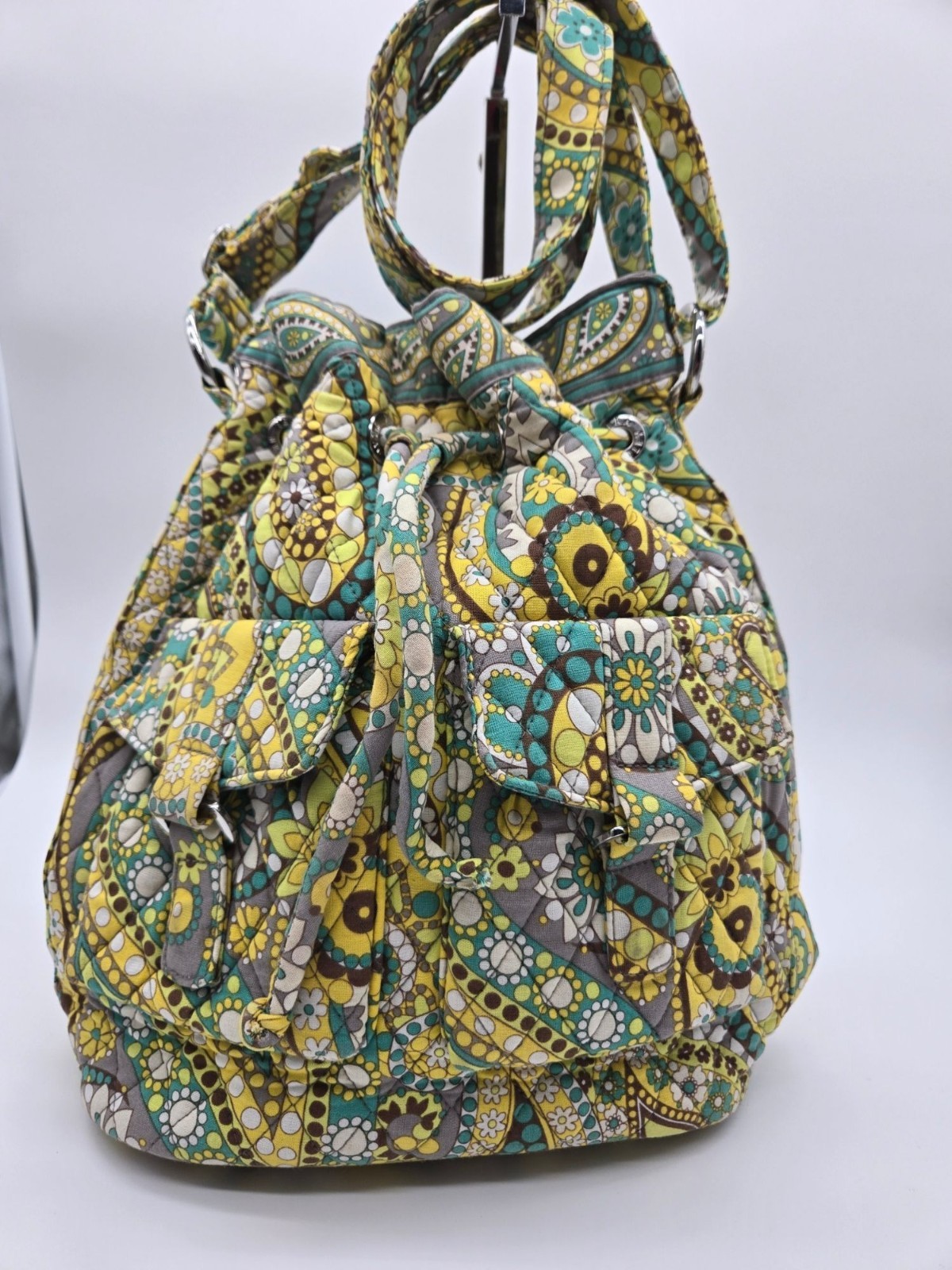 Vera Bradley Lemon Parfait Drawstring Tote Front Pockets Buckle Accent Bag