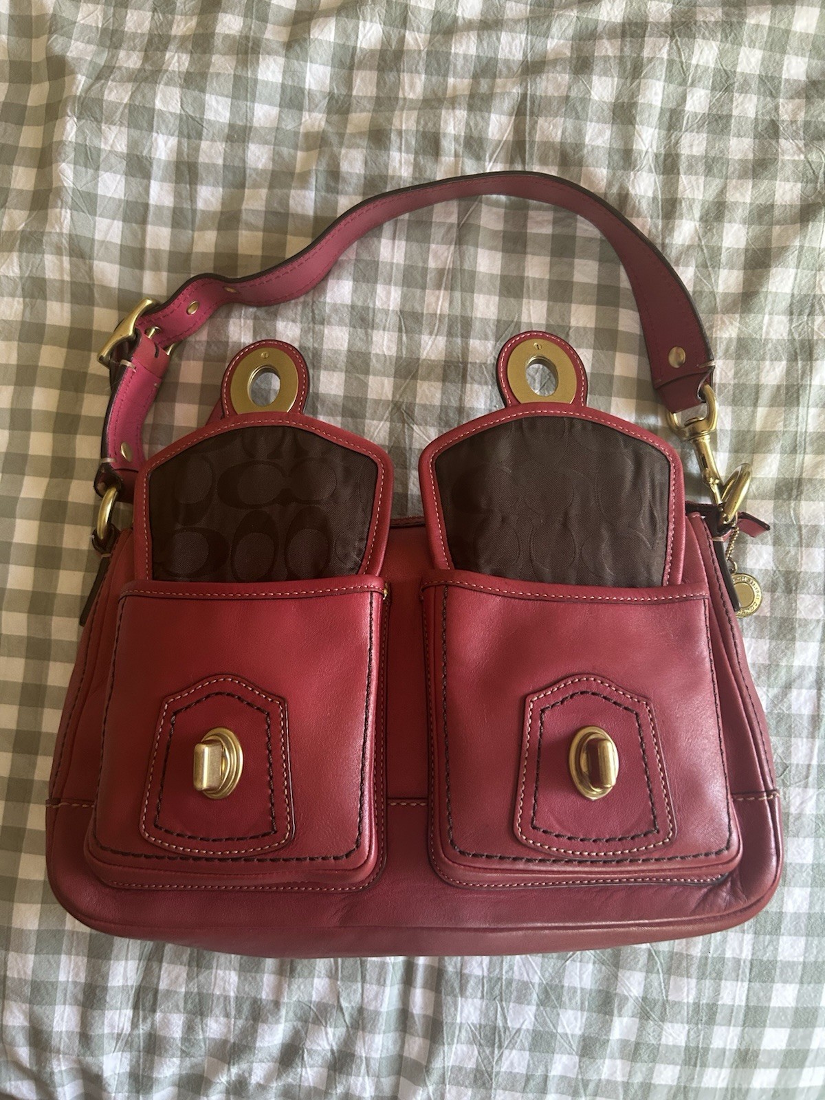 Coach Y2K Authentic Legacy Raspberry/Red Double Turn Lock Shoulder Bag F12868