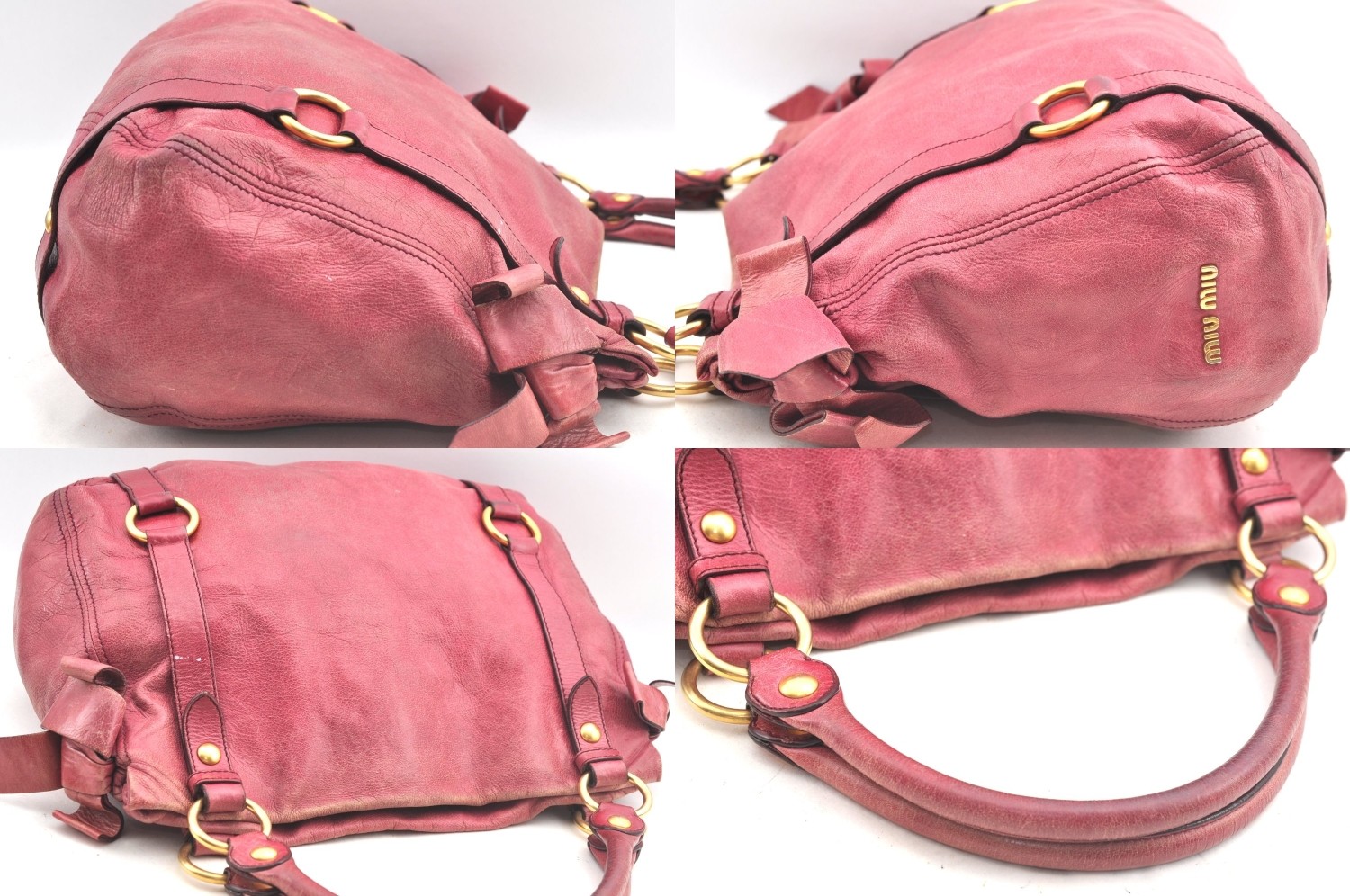 Authentic MIU MIU Ribbon Leather Shoulder Tote Bag Pink AB534