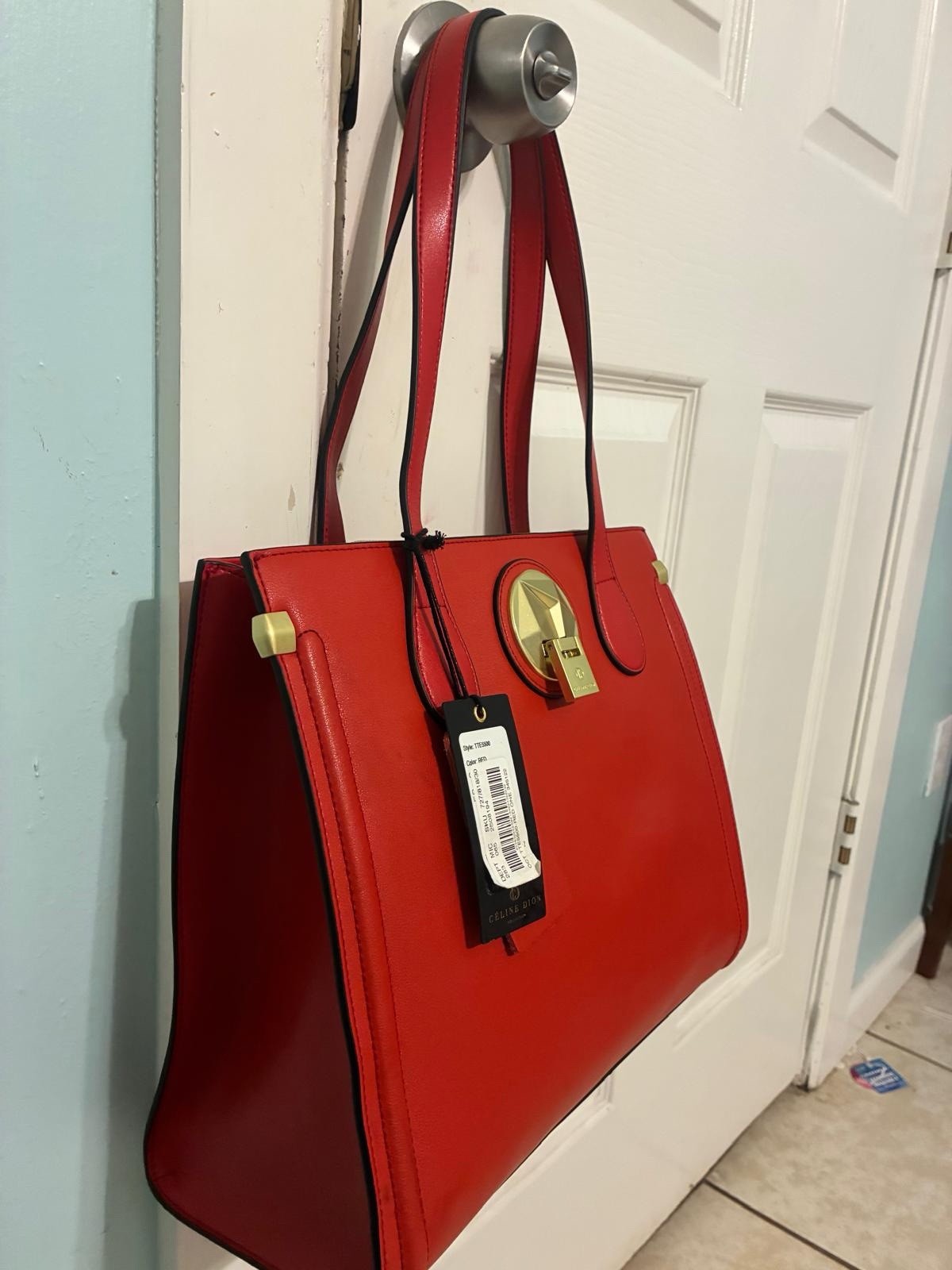 Céline Dion Collection Octave leather satchel bag in red with gold-tone hardware