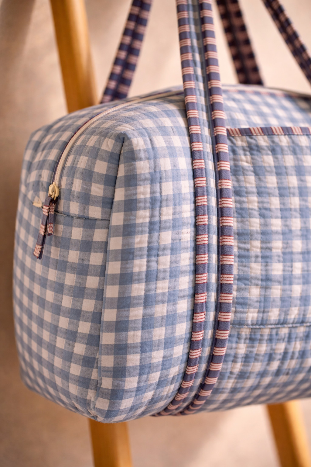 Blue Gingham Quilted Duffel Bag, Cottagecore Weekender Tote Bag