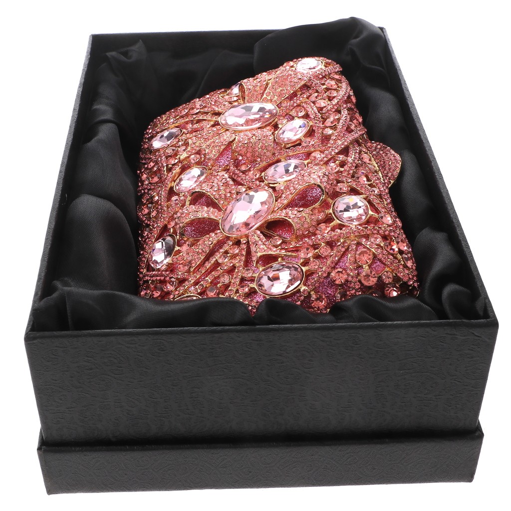 Gold Tone Alloy Metal Crystal Rhinestone Clutch Evening Bag HB6249-PNK