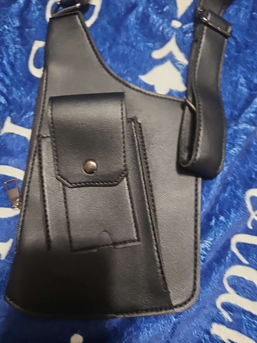 Black Faux Leather Shoulder Harness Carry Around Zip/Snap Pockets