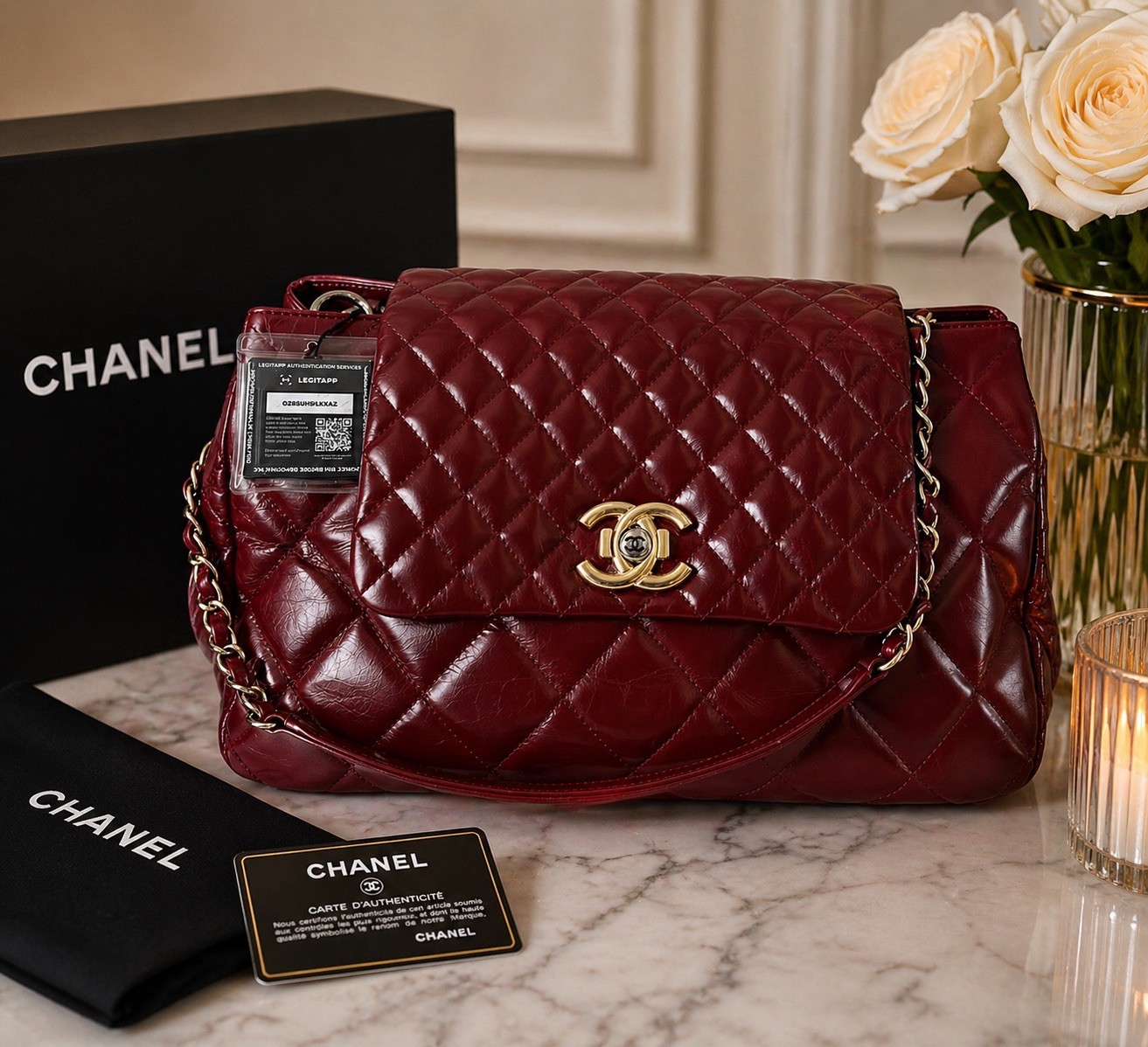 Chanel Red Glazed Quilted Calfskin Flap Bag Gold Chain Shoulder Bag Auth + Card