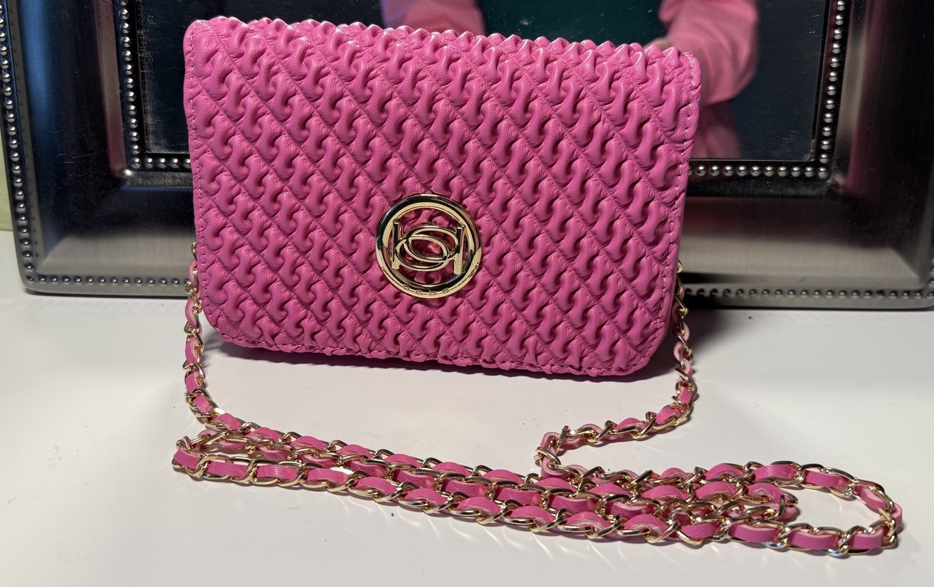 bebe Fuchsia Textured Crossbody Bag with Chain Strap, Logo Accent, Bag Charm