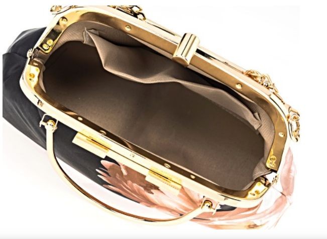 Off Park Collection Gold Tone Black and Pink Floral Printed Clutch NEW