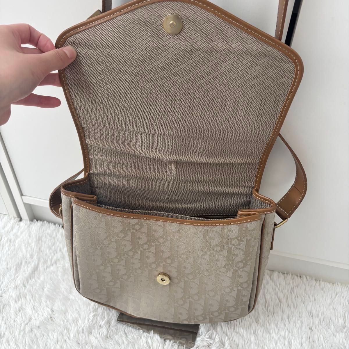 Christian Dior Good Condition Dior Trotter Pattern Shoulder Bag Beige x Brown Al