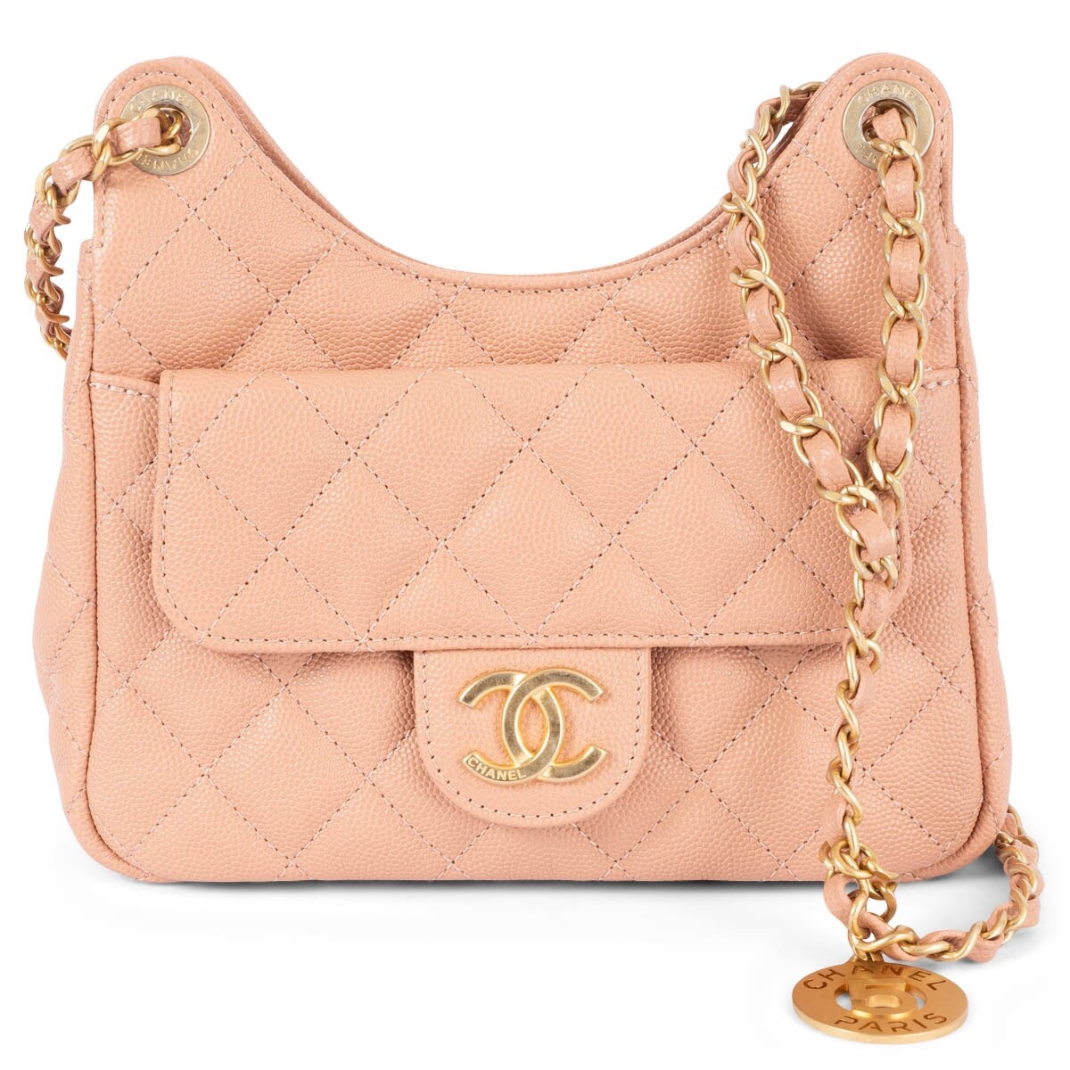 68639 auth CHANEL beige peach leather 2023 23P SMALL WAVY Hobo Bag NM375